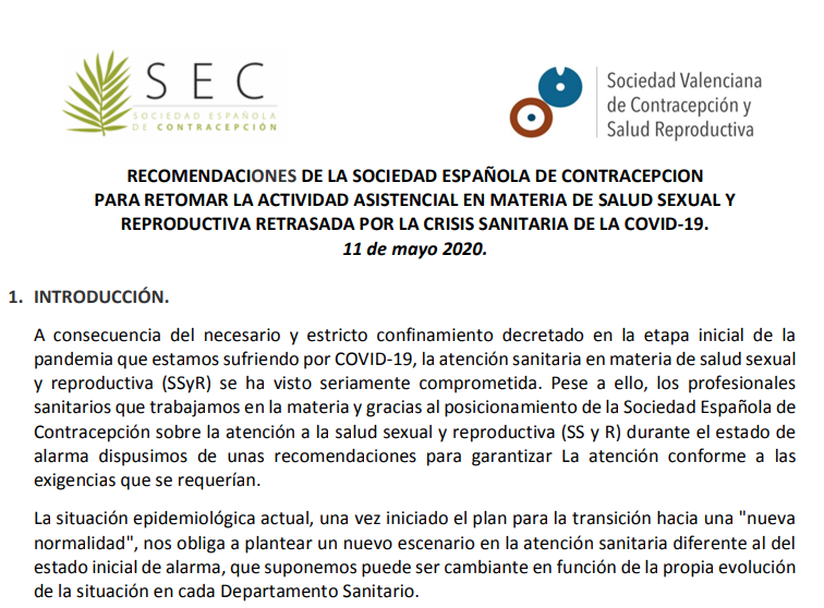 Recomendaciones de la Sociedad Española de Contracepción para retomar la actividad asistencial en materia de Salud Sexual y Reproductiva retrasada por la Crisis Sanitaria de la COVID-19